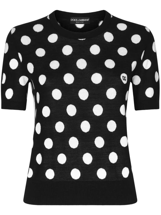 Polka Dot-Pattern Intarsia-Knit Top