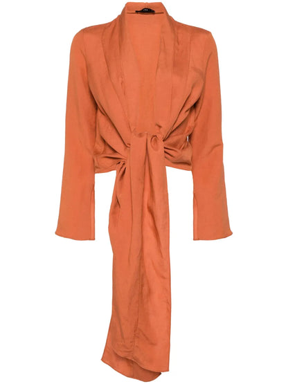 Long-Sleeved Wrap-Design Blouse