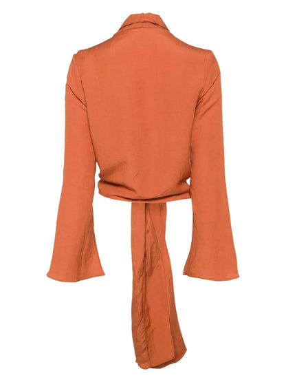 Long-Sleeved Wrap-Design Blouse