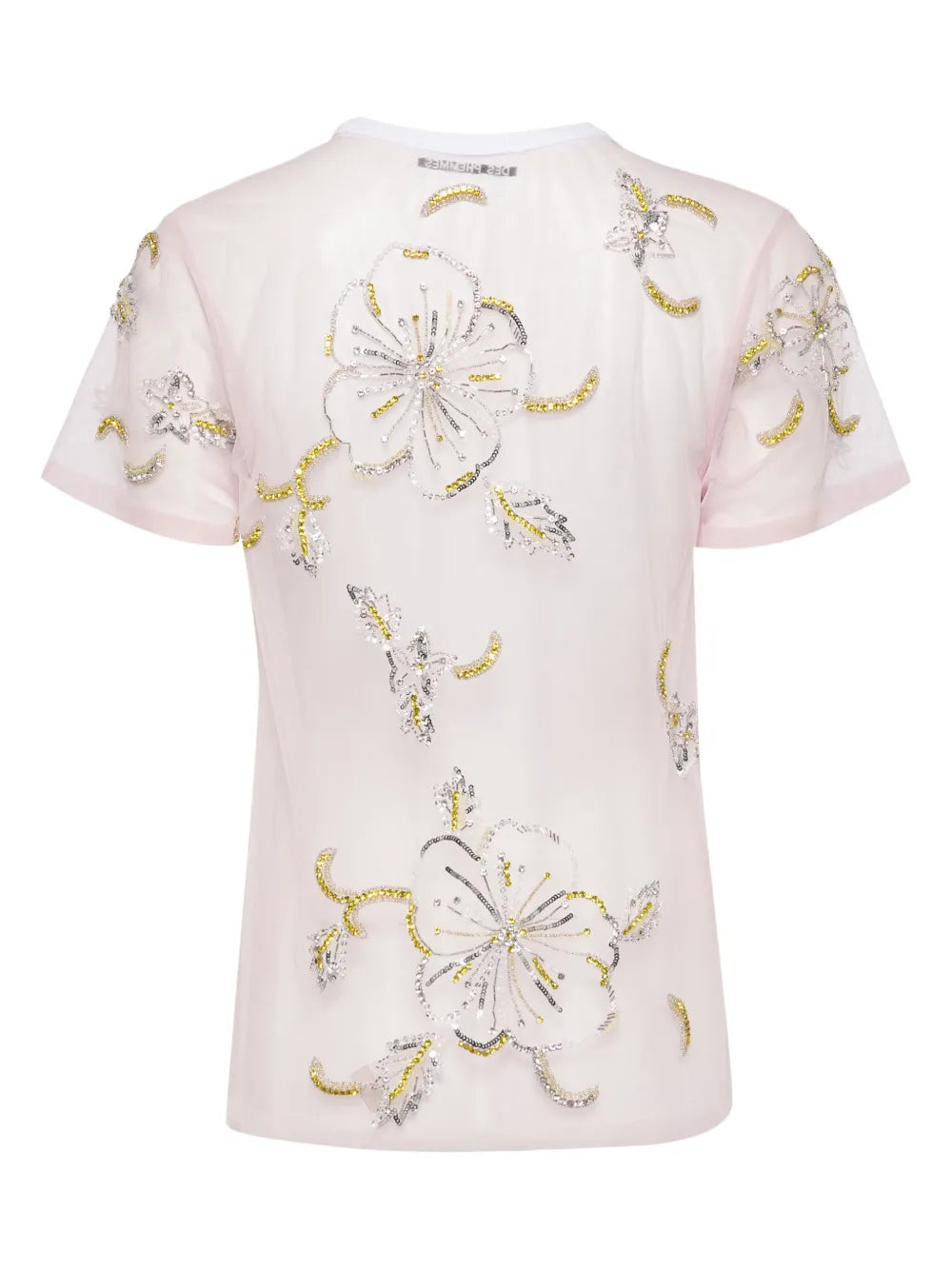 Hibiscus-Embroidered Semi-Sheer T-Shirt