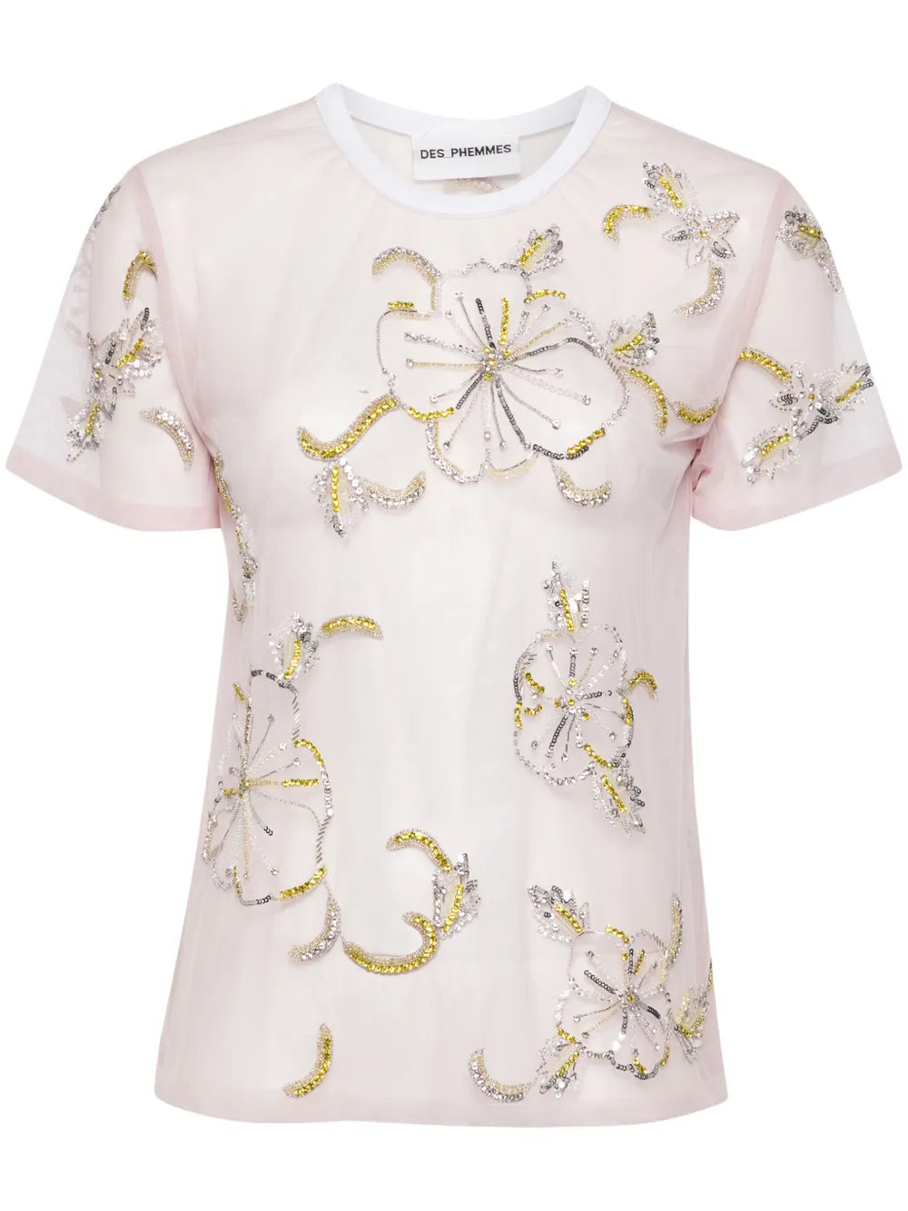 Hibiscus-Embroidered Semi-Sheer T-Shirt