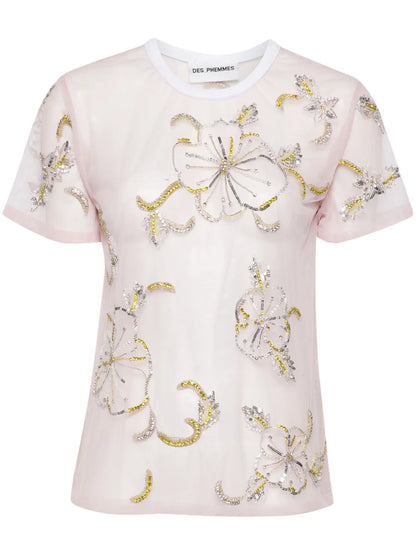 Hibiscus-Embroidered Semi-Sheer T-Shirt