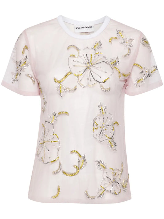 Hibiscus-Embroidered Semi-Sheer T-Shirt