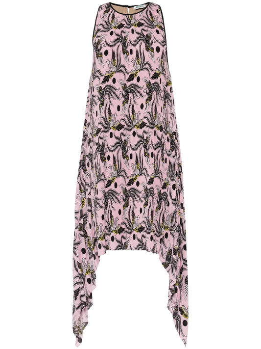 Bird-Print Plissé Midi Dress