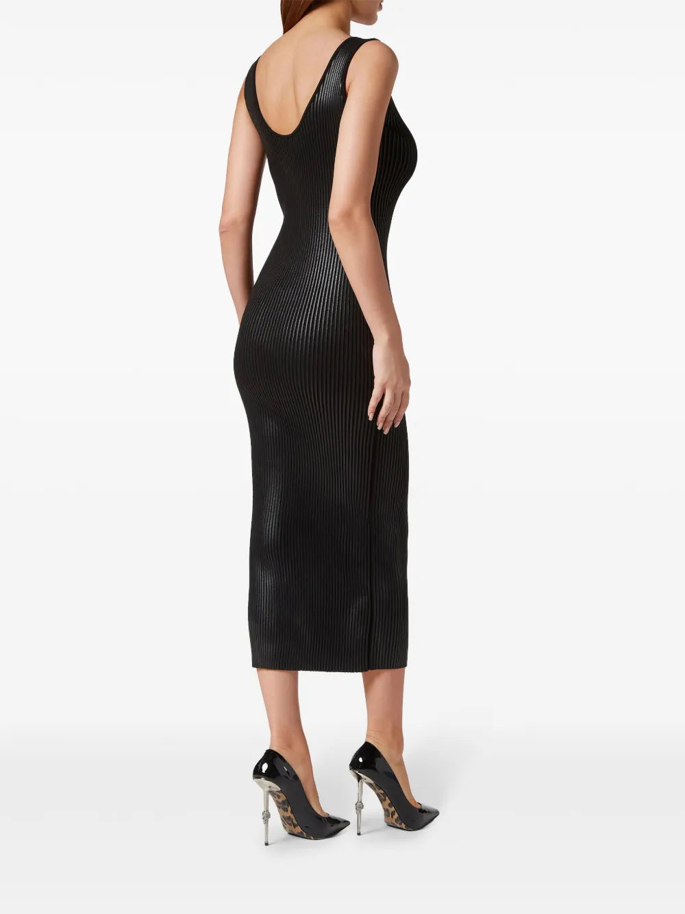 Coated Ribbed-Knit Midi Dress