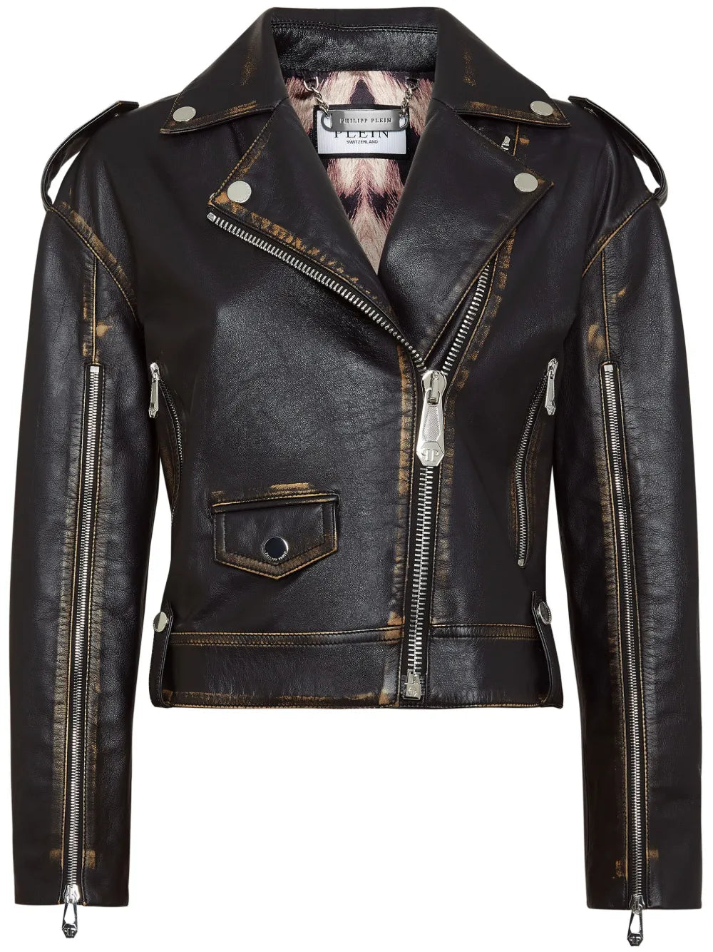 Logo-Lettering Leather Biker Jacket