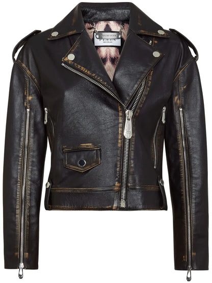 Logo-Lettering Leather Biker Jacket