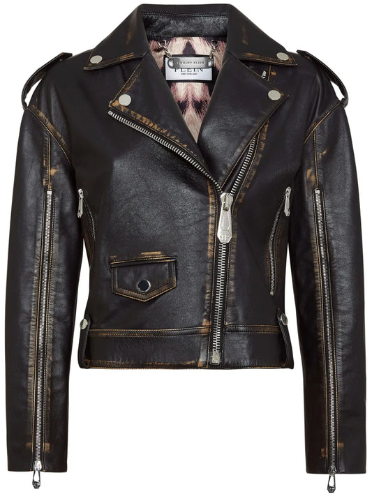 Logo-Lettering Leather Biker Jacket