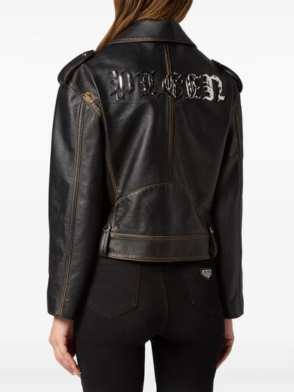 Logo-Lettering Leather Biker Jacket