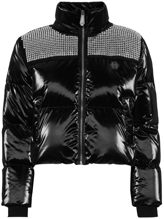 Crystal-Embellished Cropped Puffer Jacket