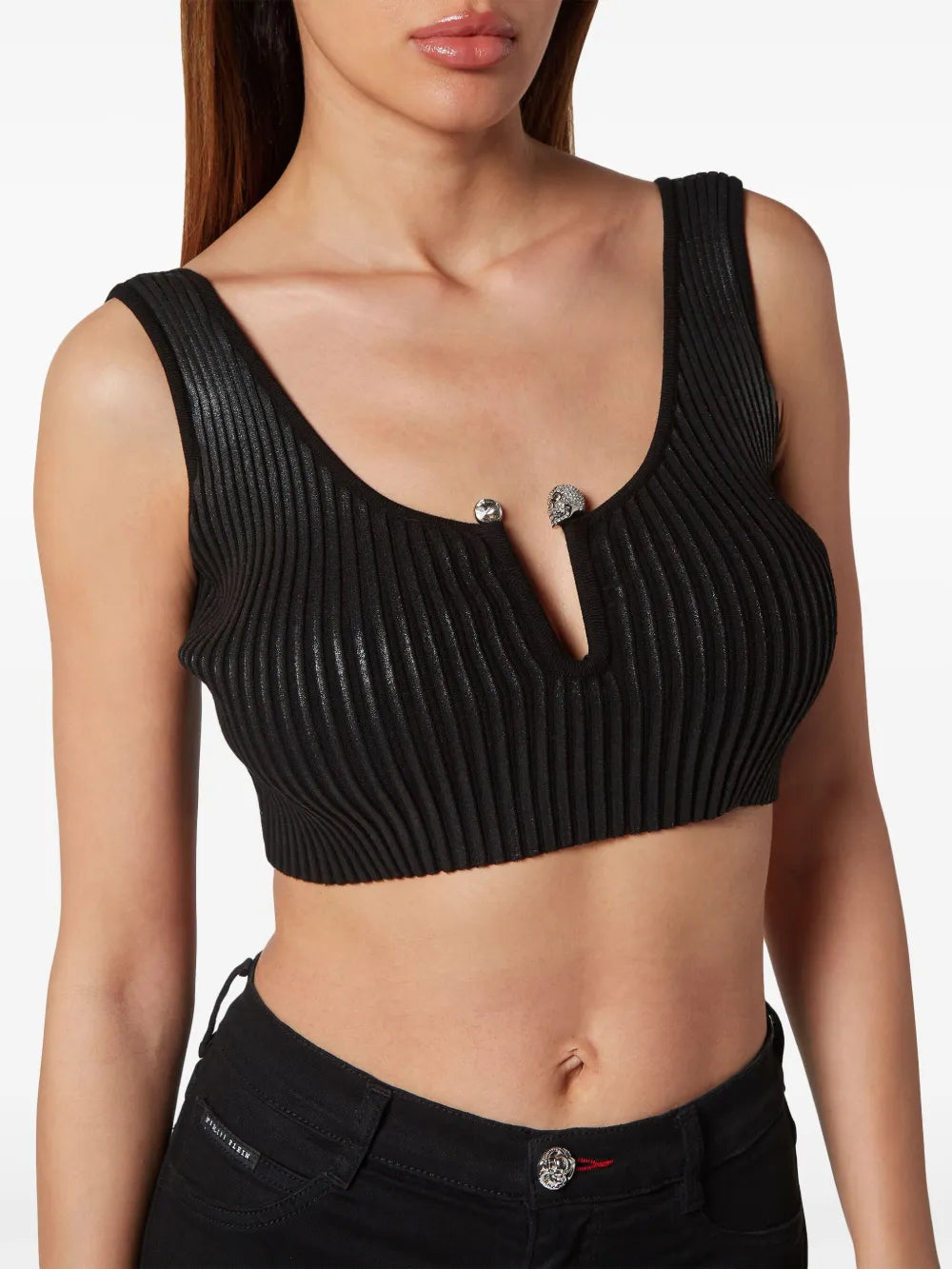 Coated Ribbed-Knit Cropped Top
