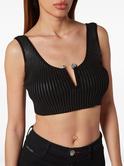 Coated Ribbed-Knit Cropped Top