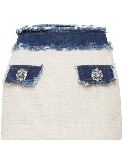 Denim-Trimmed Tweed Miniskirt