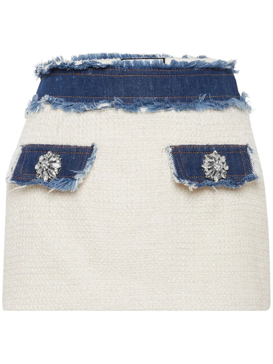 Denim-Trimmed Tweed Miniskirt