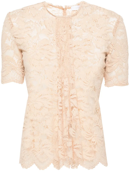 Floral-Lace Semi-Sheer Blouse