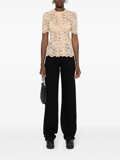 Floral-Lace Semi-Sheer Blouse