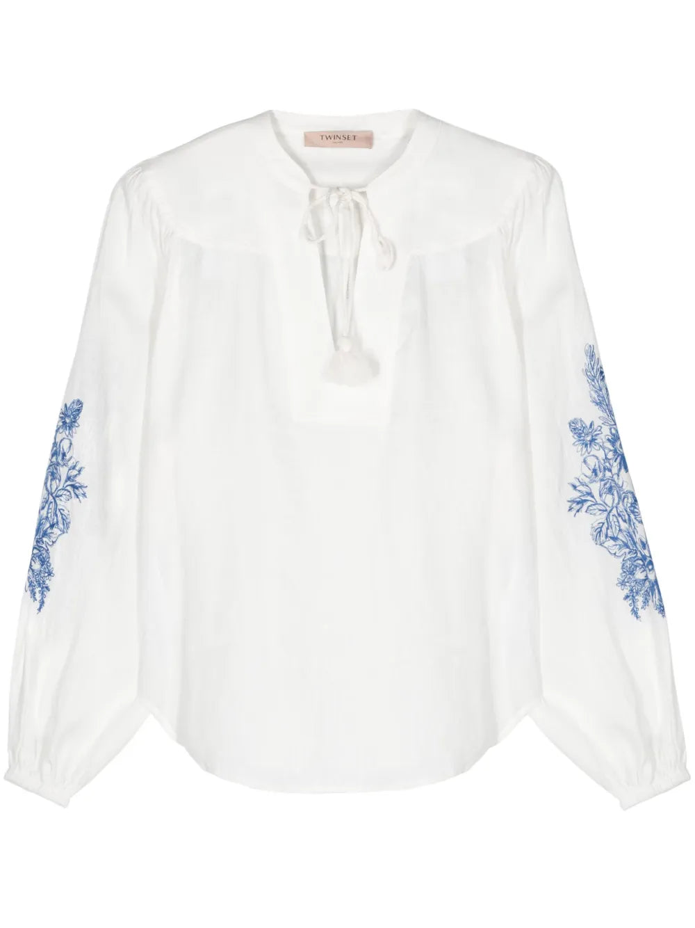 Floral-Embroidery Chambray Blouse
