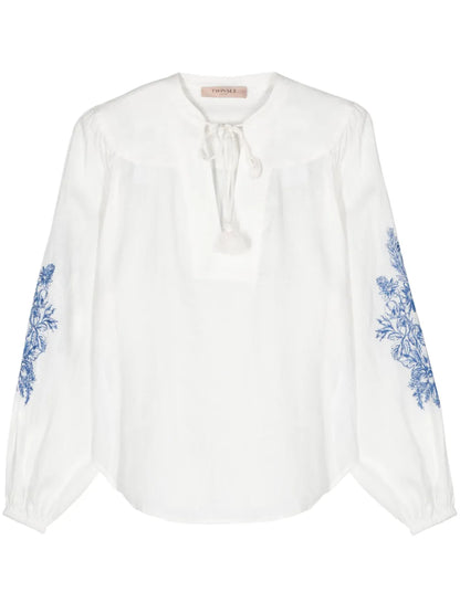 Floral-Embroidery Chambray Blouse