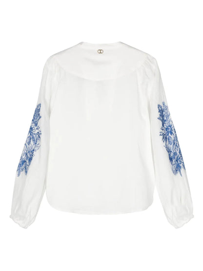 Floral-Embroidery Chambray Blouse