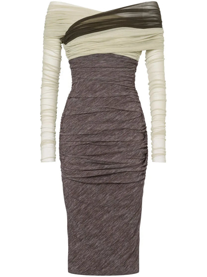 Open-Shoulder Ruched Midi Dress