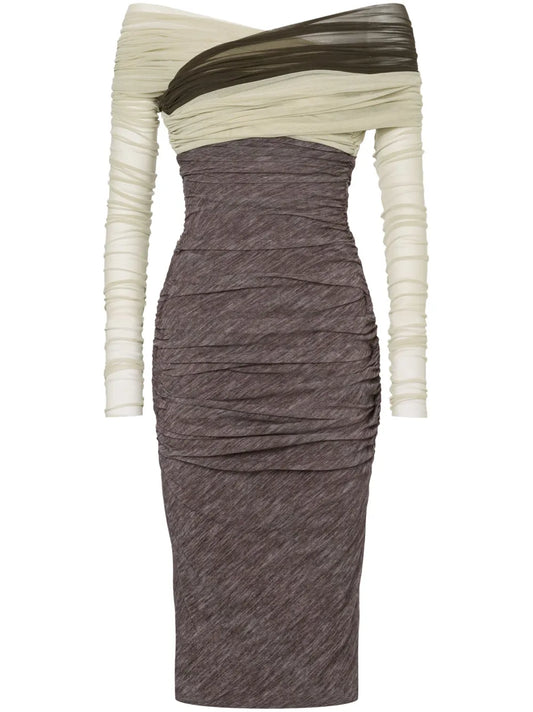Open-Shoulder Ruched Midi Dress