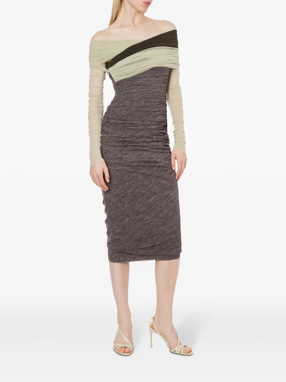 Open-Shoulder Ruched Midi Dress