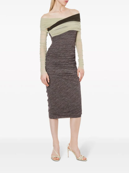 Open-Shoulder Ruched Midi Dress