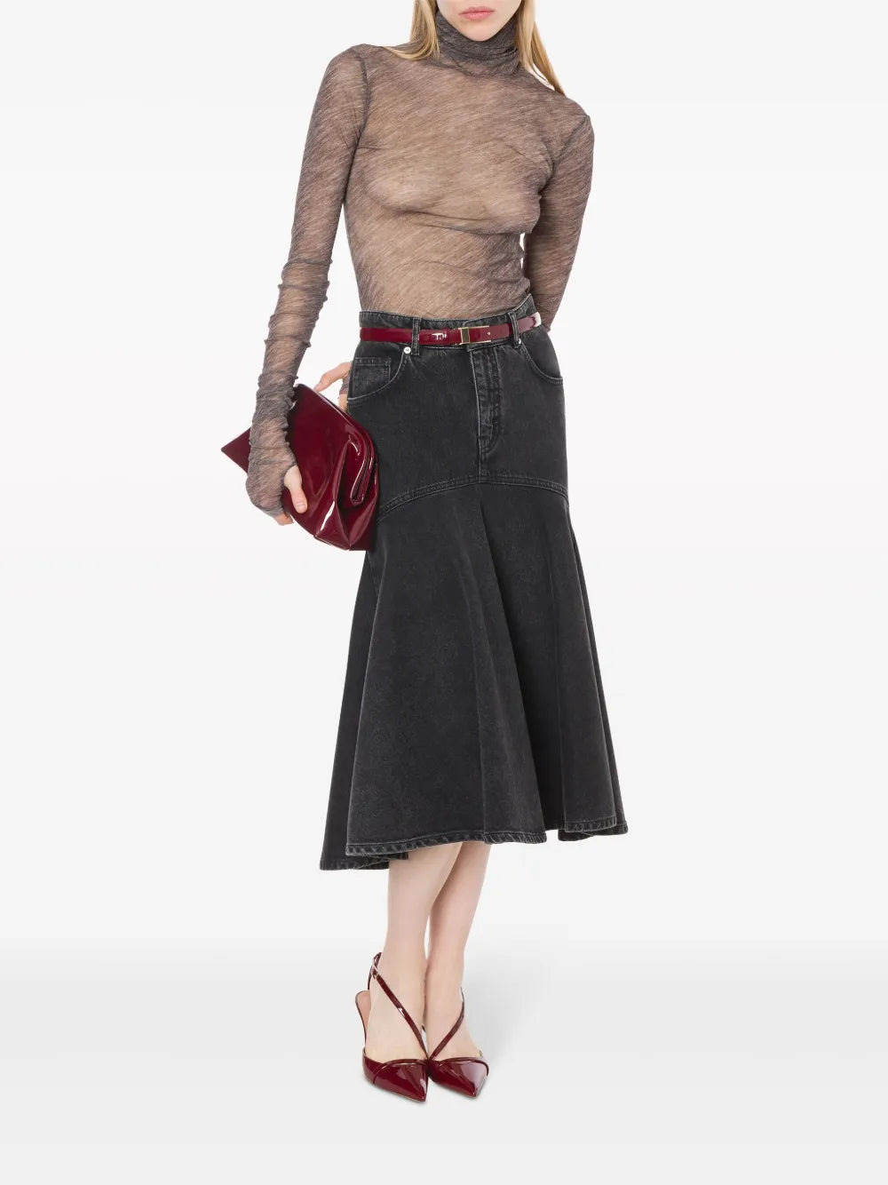High-Waisted Denim Midi Skirt