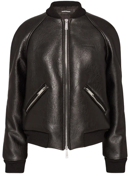 Zip-Up Leather Bomber Jacket