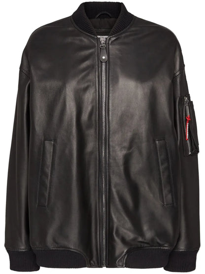 Zip-Up Leather Bomber Jacket