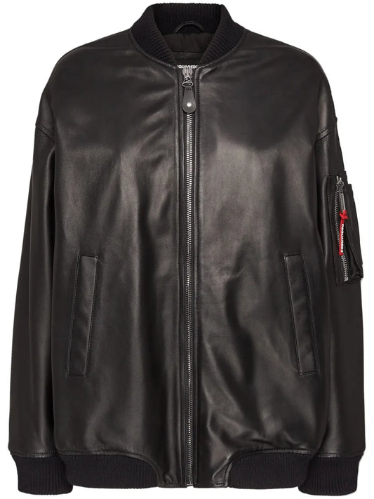 Zip-Up Leather Bomber Jacket