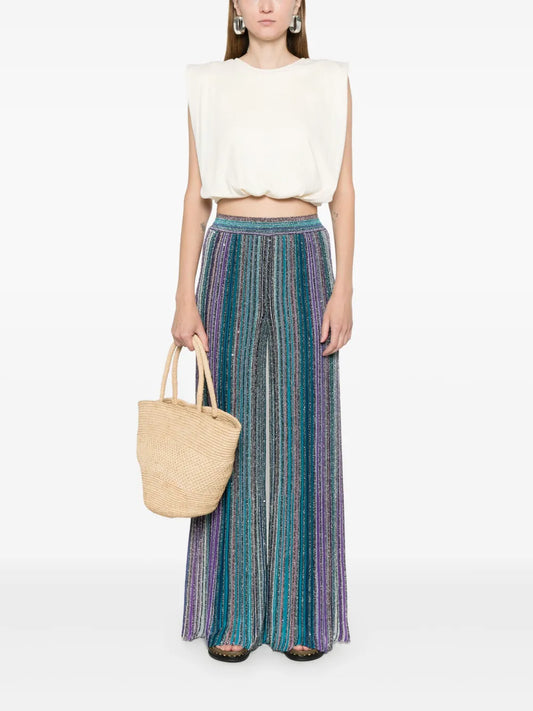 Sequin-Embellished Ribbed Palazzo Pants