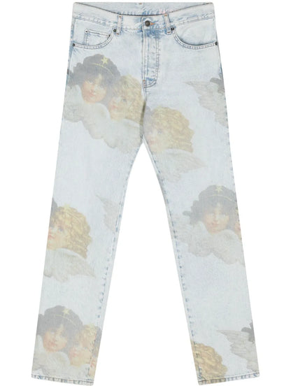 Angel-Print Mid-Rise Straight Jeans