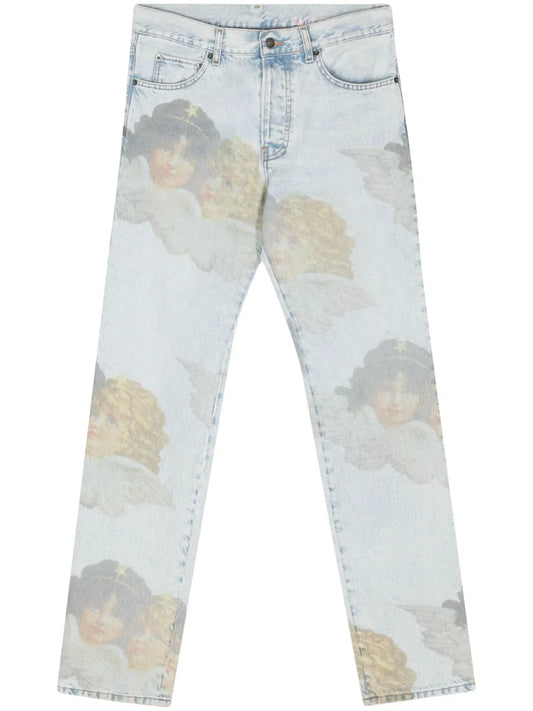 Angel-Print Mid-Rise Straight Jeans