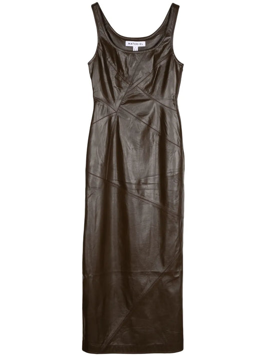 Diagonal-Stitch Faux-Leather Midi Dress