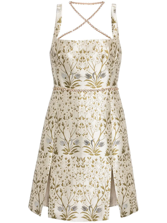 Crystal-Embellished Floral-Jacquard Mini Dress