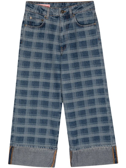 Check-Print Wide-Leg Jeans