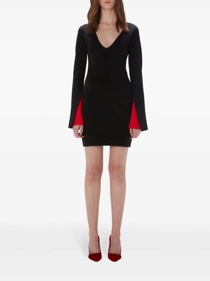 Contrast-Cuff V-Neck Dress
