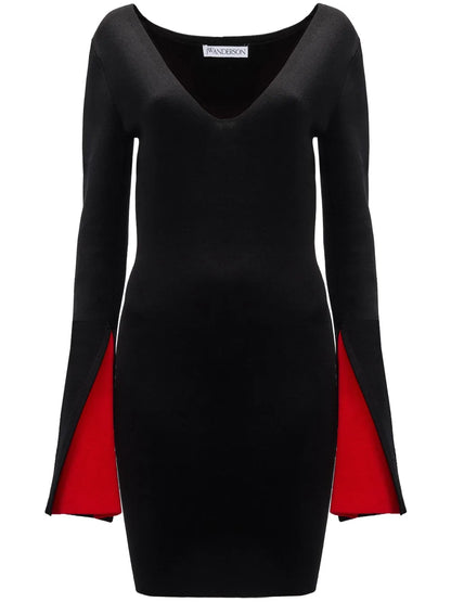 Contrast-Cuff V-Neck Dress