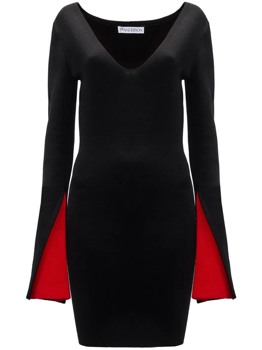 Contrast-Cuff V-Neck Dress