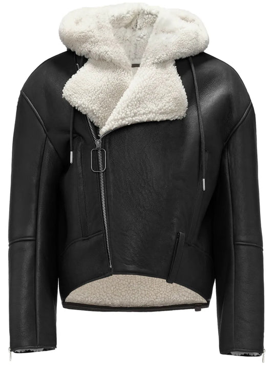 Shearling-Trim Leather Biker Jacket