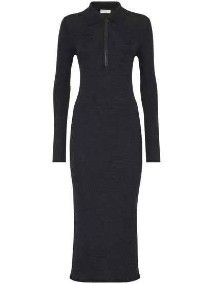 Monili-Trim Ribbed Midi Dress
