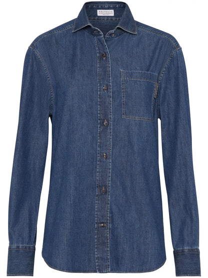 Monili-Detail Buttoned Denim Shirt