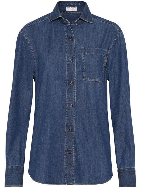 Monili-Detail Buttoned Denim Shirt