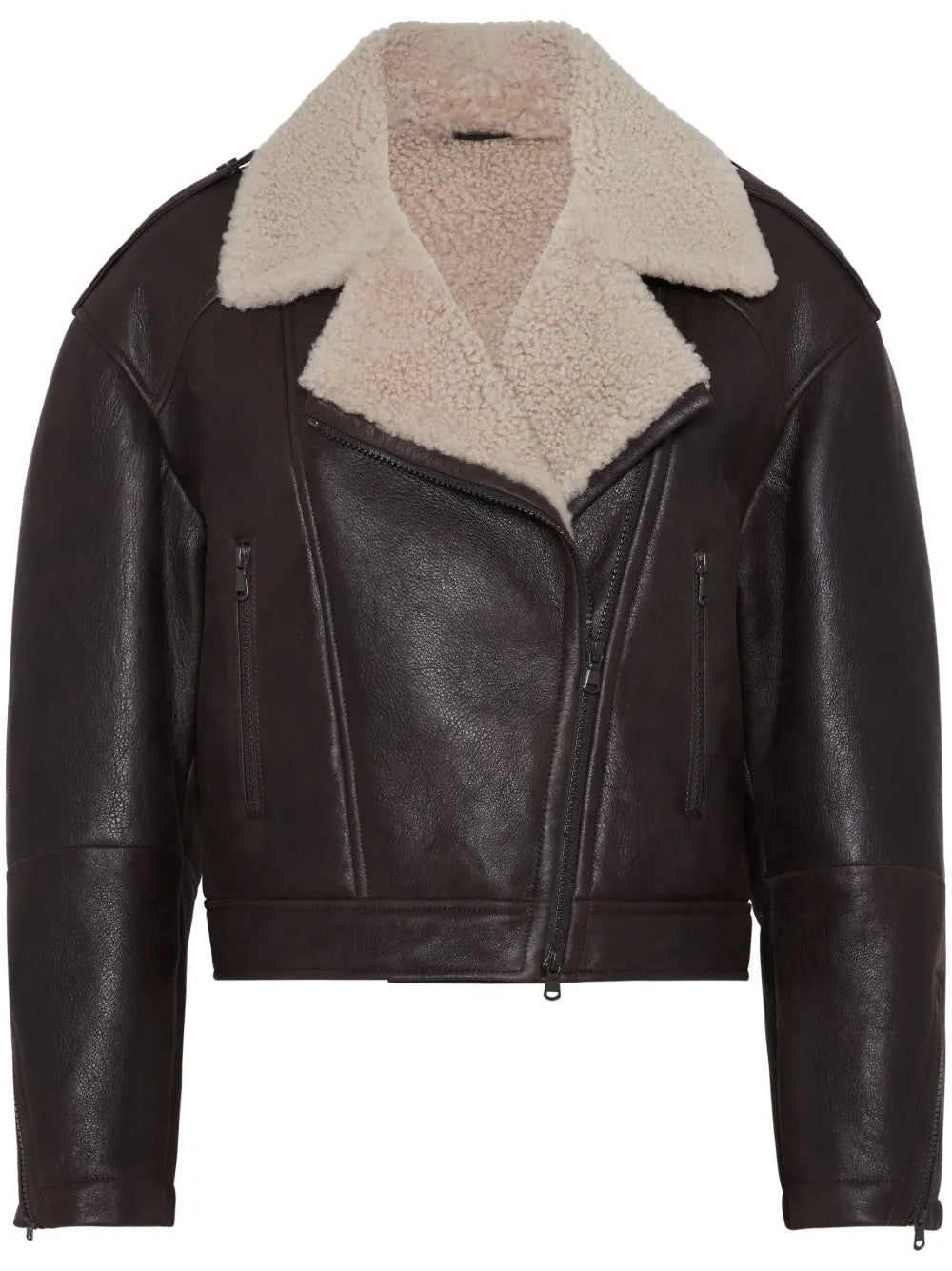 Shearling-Collar Leather Biker Jacket