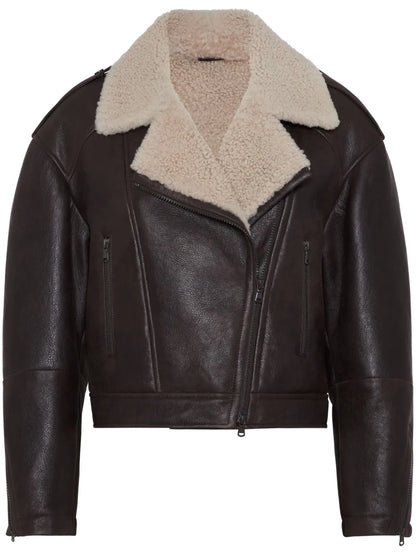 Shearling-Collar Leather Biker Jacket