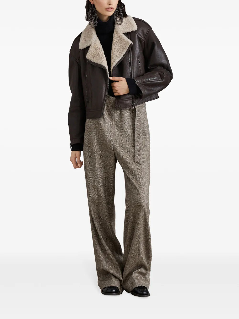 Shearling-Collar Leather Biker Jacket