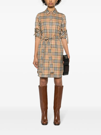 Vintage Check-Pattern Shirt Dress