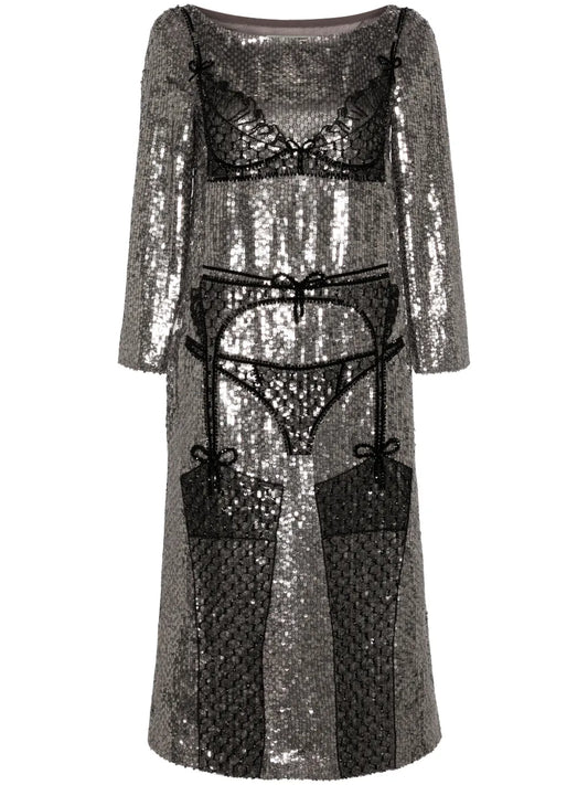 Lingerie-Beaded Sequinned Midi Dress