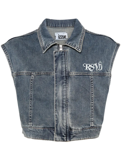Logo-Embroidered Cropped Denim Vest